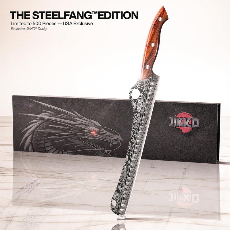 JICKO إصدار ® SteelFang – سكين لحم بقر يابانية 12" بمقبض من خشب الورد | سكين جزار وقطع ممتازة للحوم والشواء وشرائح اللحم البقري – شفرة من الفولاذ المقاوم للصدأ عالي الكربون حادة للغاية - Image 2